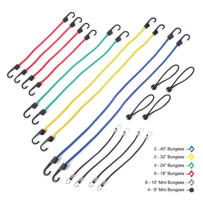 Wellmax Premium Bungee Cord Set with Heavy Duty Hooks and Bonus Accessories - 32 Piece Assortment Bag for Cargo, Camping, and More - Image 2